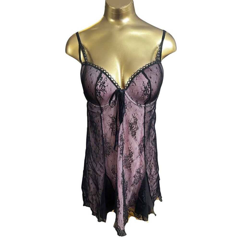 Vintage Black & Mauve Lace Babydoll Dress | Underwire | Sheer Lingerie - XL
